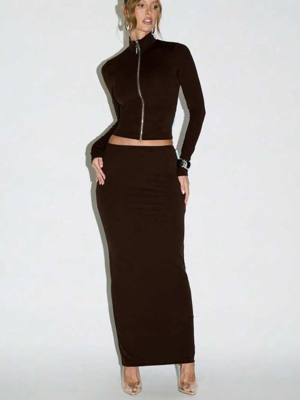 Long Sleeve Top and Skirt Set Mocha Brown